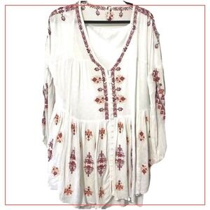 Free People White Floral‎ Embroidered Oversized Tunic Top Or Dress Size Medium